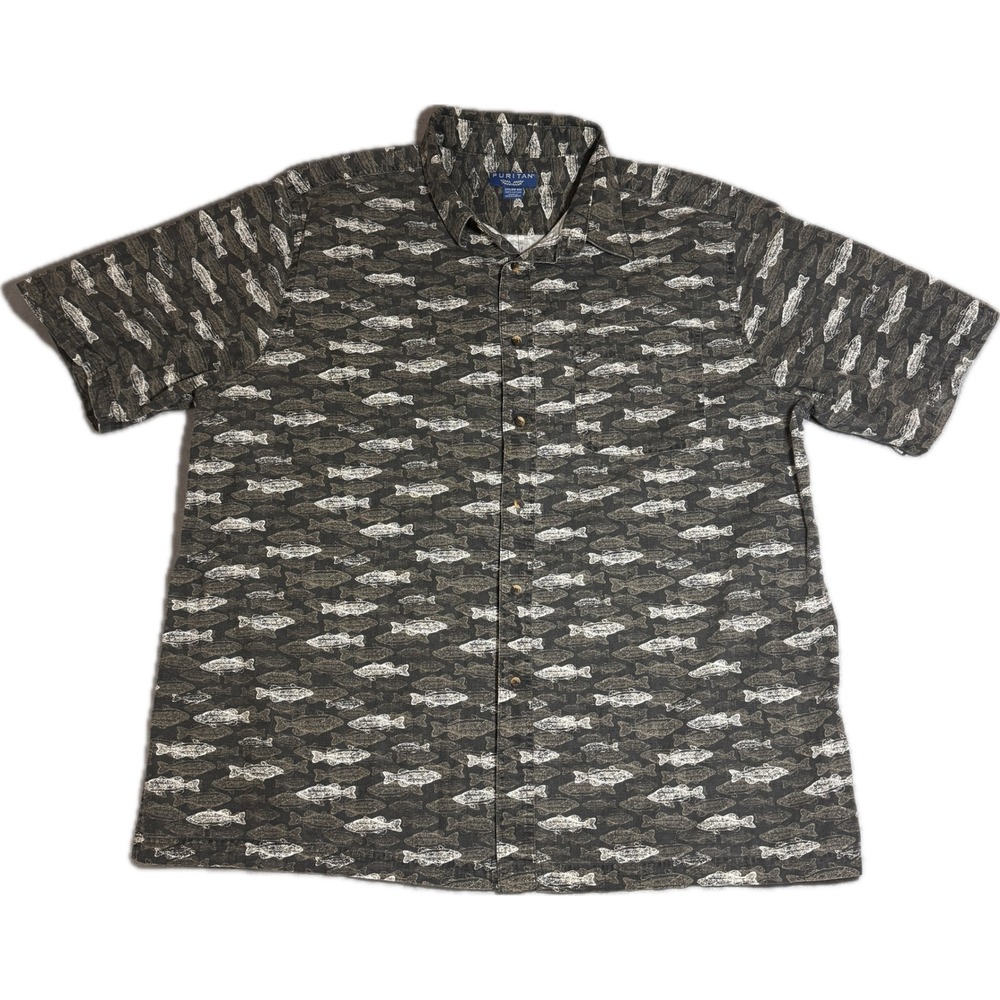 Puritan Mens 2XL Charcoal Dust Fish Print Cotton‎ Short Sleeve Button Down Shirt